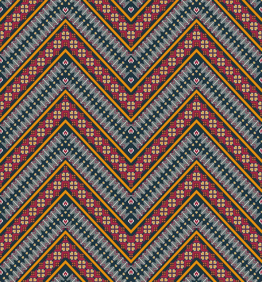 Aztec embroidery zigzag pattern. Ethnic floral geometric zigzag shape seamless pattern pixel art style. Ethnic geometric zigzag stitch pattern use for textile, home decoration elements, etc. vector