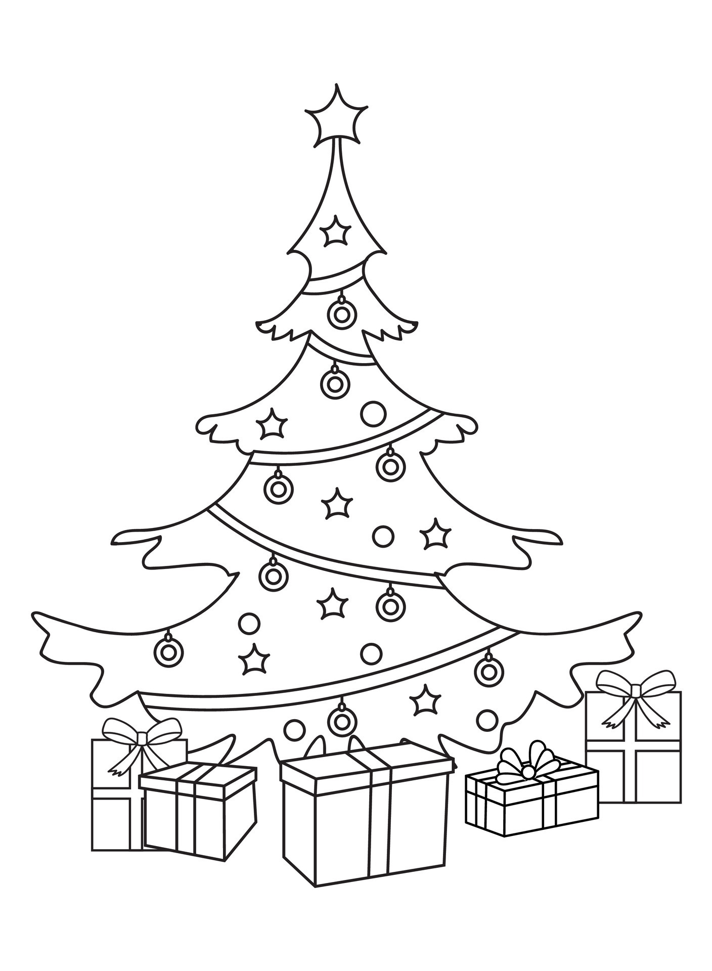 Christmas tree with gifts. Black and white vector illustration for