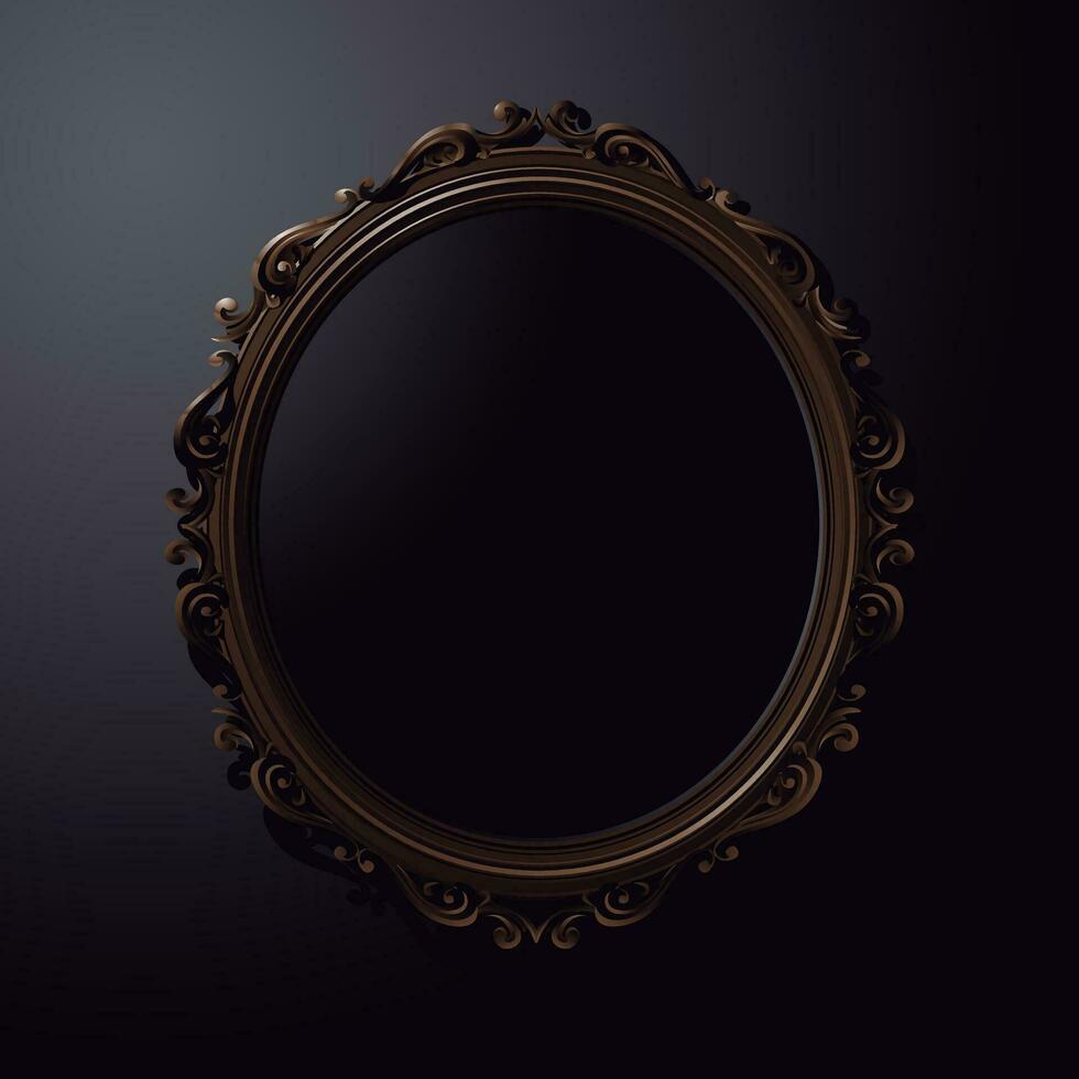 Black mirror. Dark mirror. Illustration of an oval gold frame on a black background with copy space vector