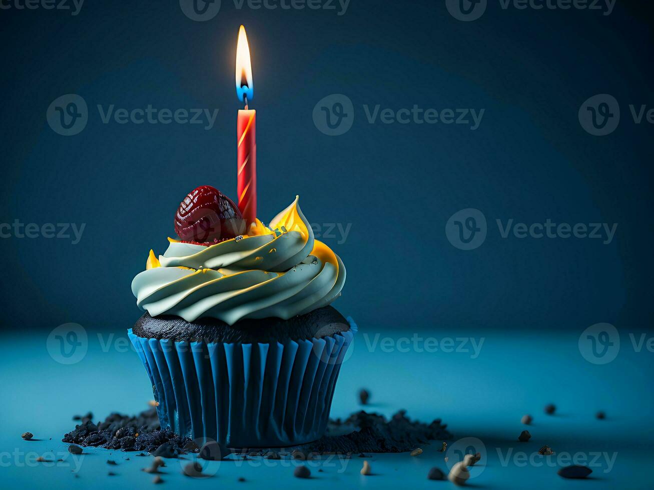 Birthday Background with Pink Birthday Cupcake and Candle, Birthday Gift and Party Hat, Copy Space Generative AI photo