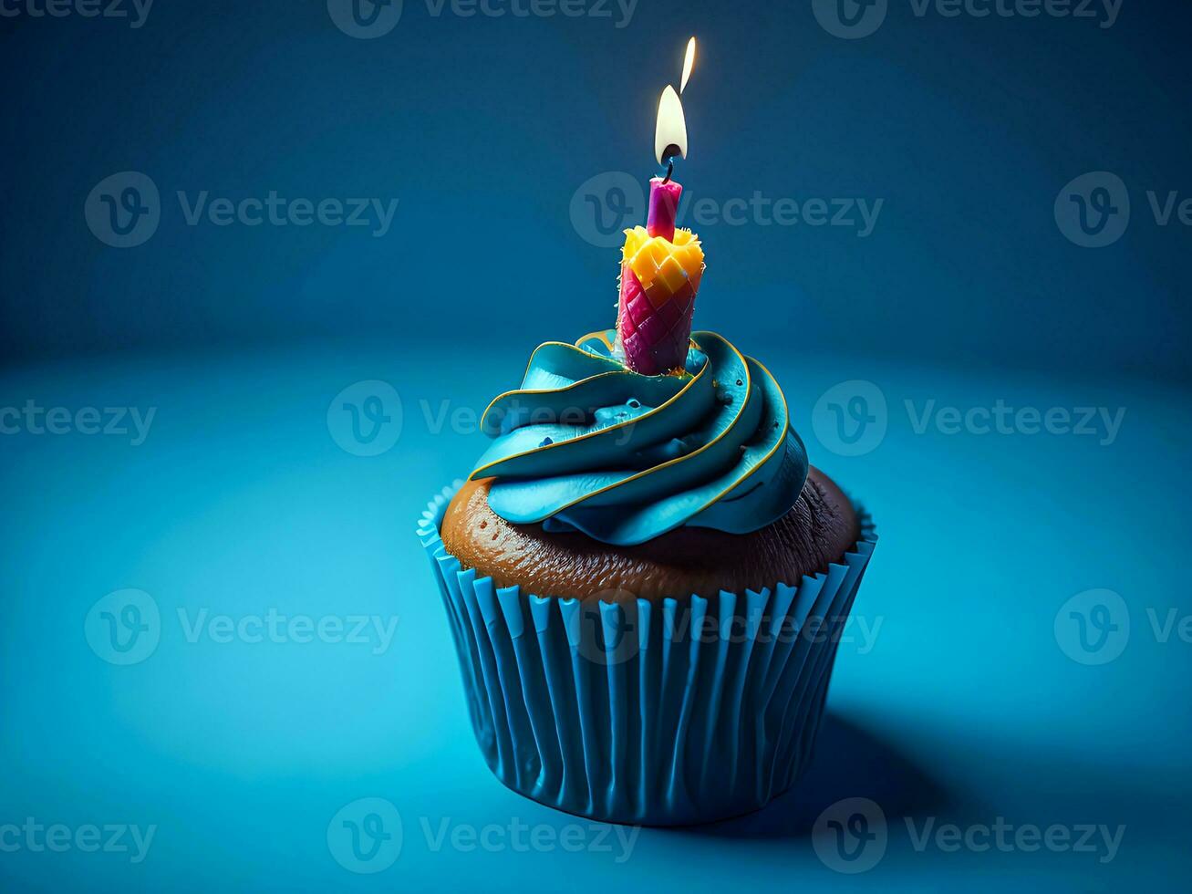 Birthday Background with Pink Birthday Cupcake and Candle, Birthday Gift and Party Hat, Copy Space Generative AI photo