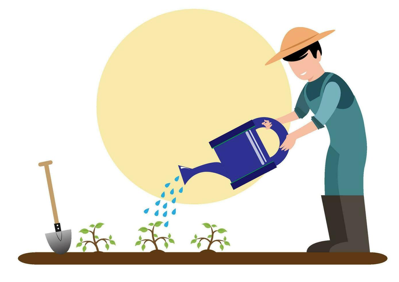 Vector illustration of a gardener watering a vegetable garden in a flat style. A farmer in a blue uniform with garden equipment watering can, shovel, broom, cart grows plants