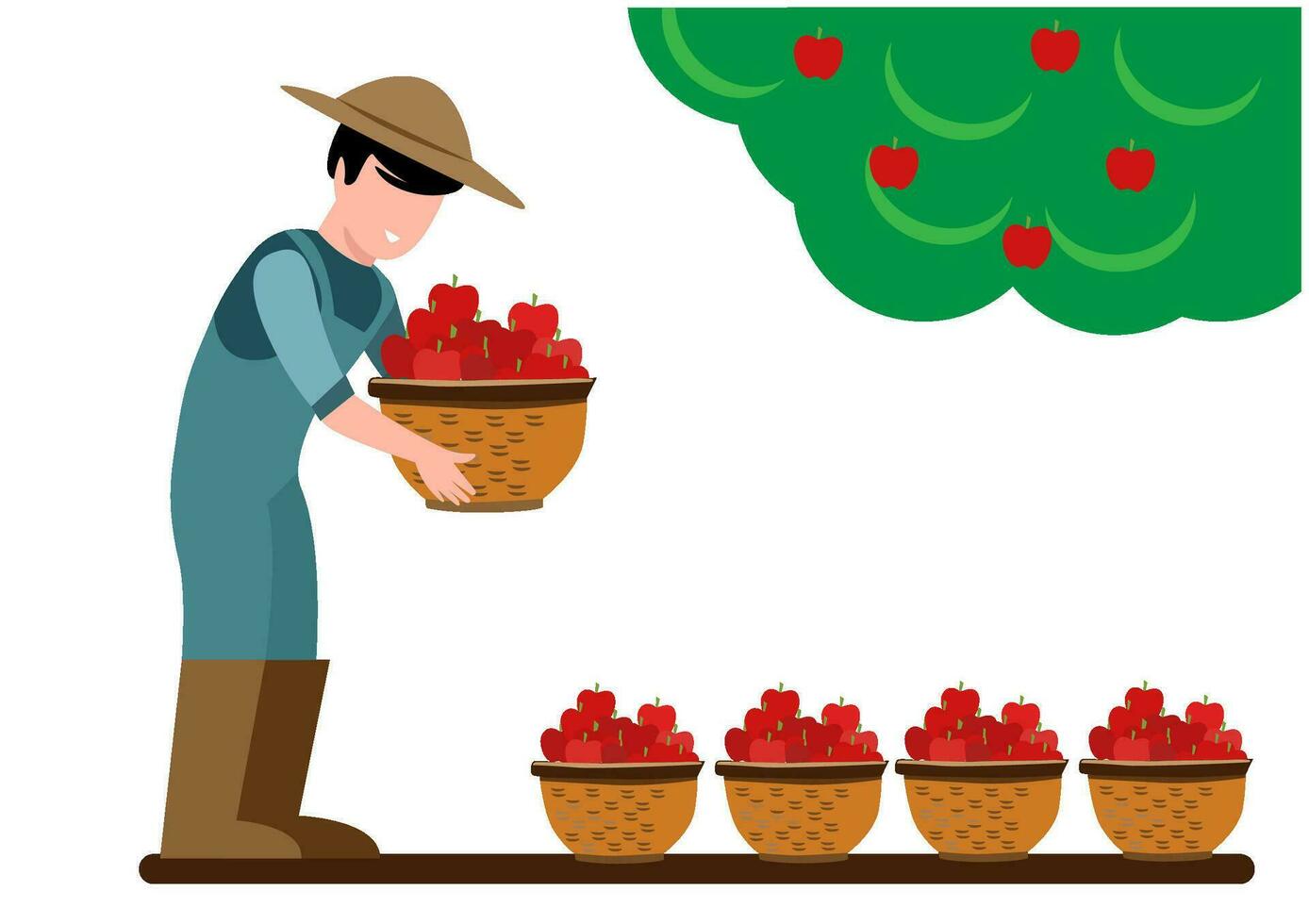 Farmer or gardener picks apples from trees in the orchard, flat vector illustration. Summer or autumn apple orchard with a bountiful harvest and agricultural workers.