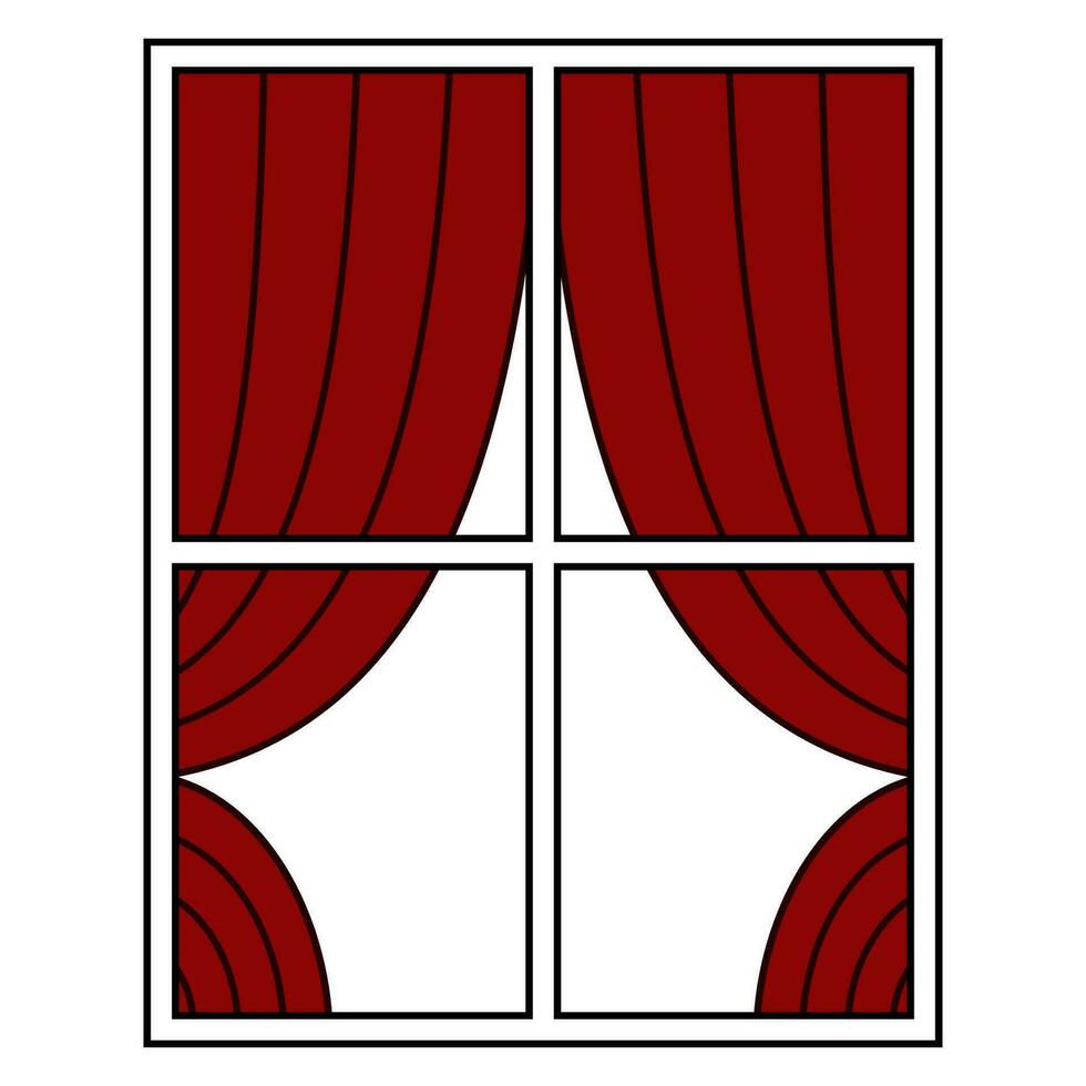 Window with white frame and red curtains, interior cozy home vector