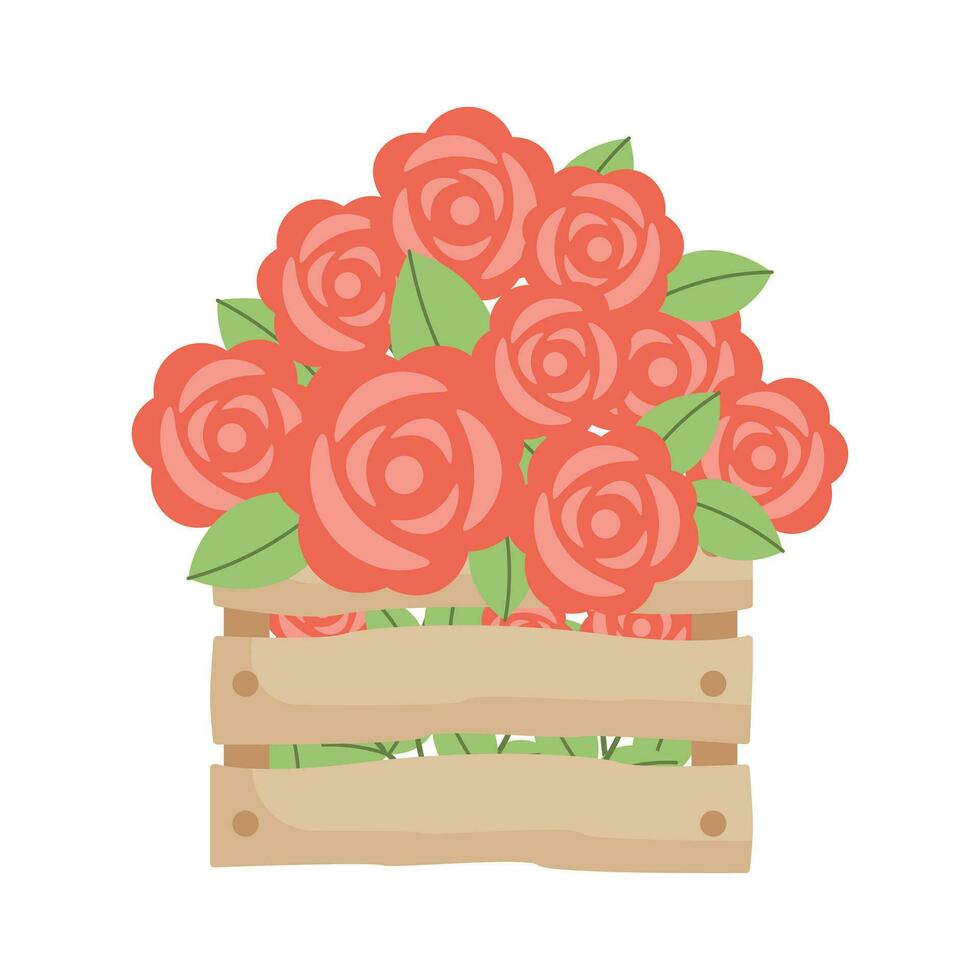 Wooden box with hand drawn red roses flowers. Vector illustration. Simple flat style.