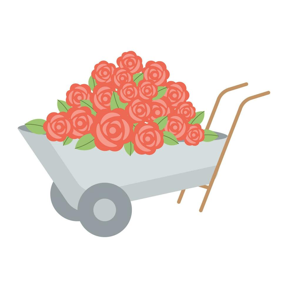Garden wheelbarrow with red roses flowers isolated on white background. Hand drawn sketch.Vector illustration. Simple flat style. vector