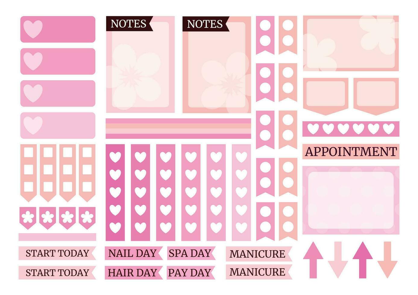 Pink weekly planner stickers set for agenda, notebook, diary. vector