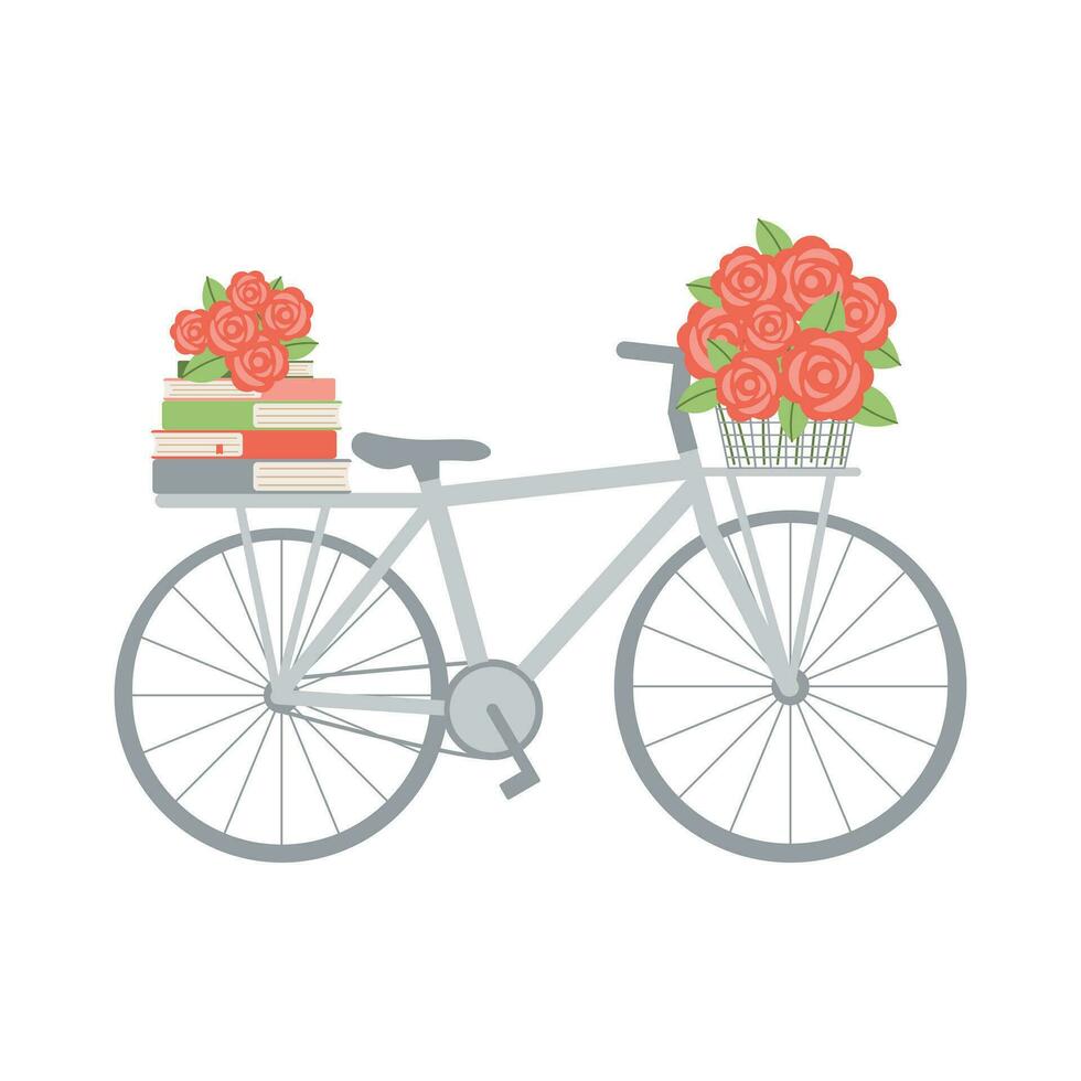 bicicleta, apilar de libros y rojo rosas cesta. vector ilustración. sencillo plano estilo.