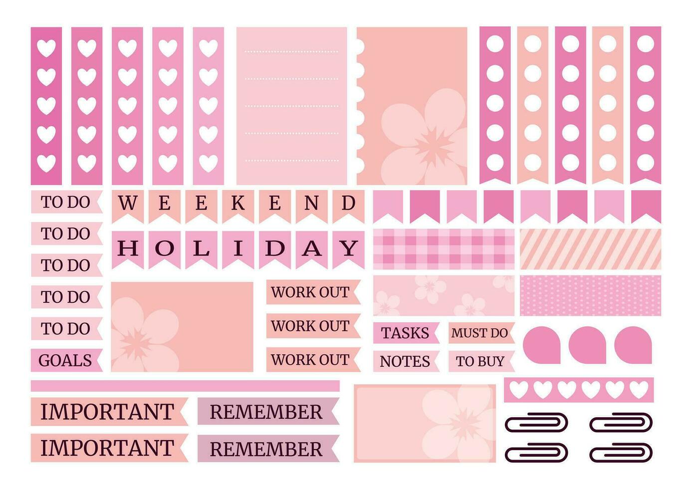 Pink weekly planner stickers set for agenda, notebook, diary. vector