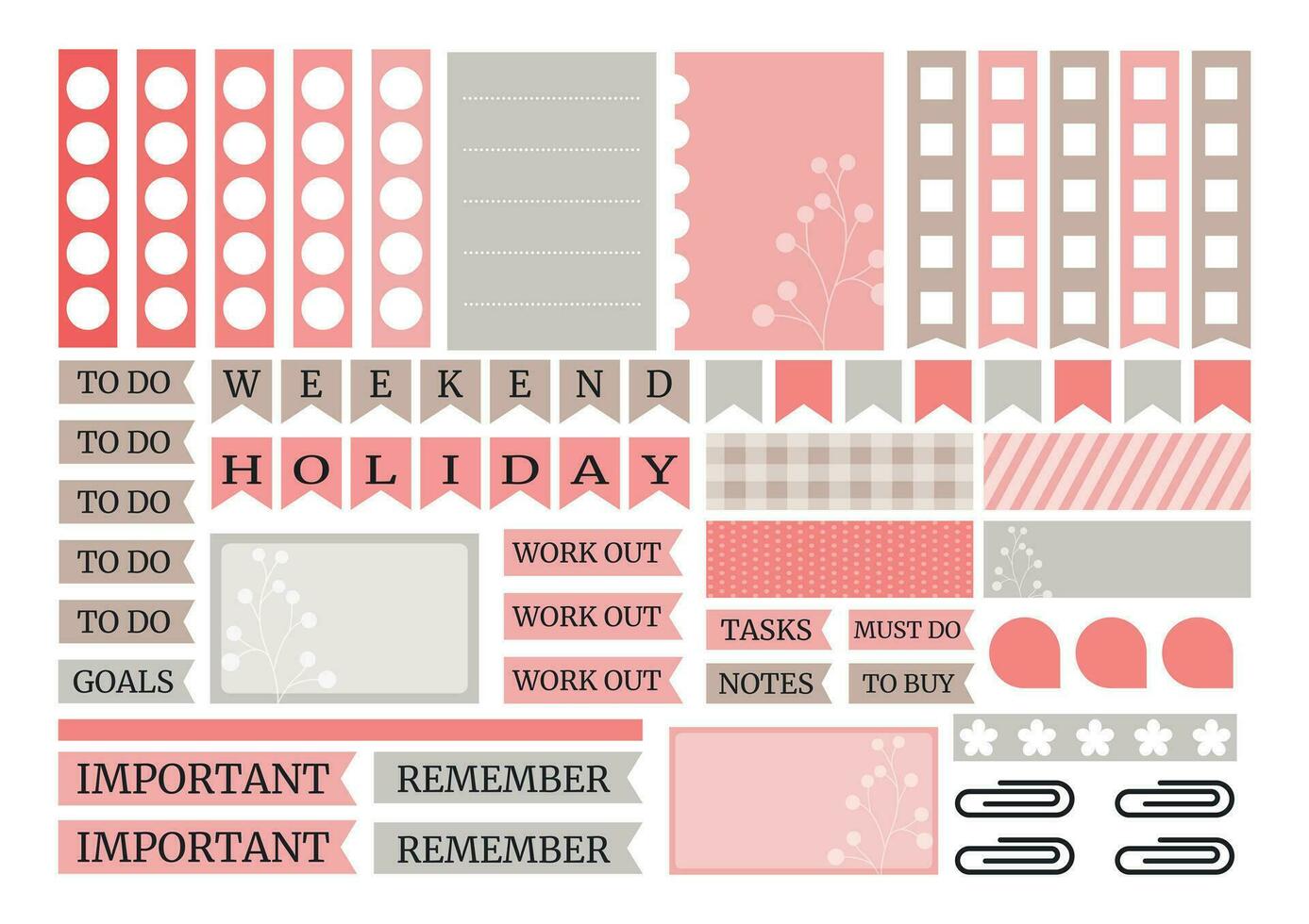 Soft red gray colorful weekly planner stickers set for agenda, notebook, diary. A5 format. vector