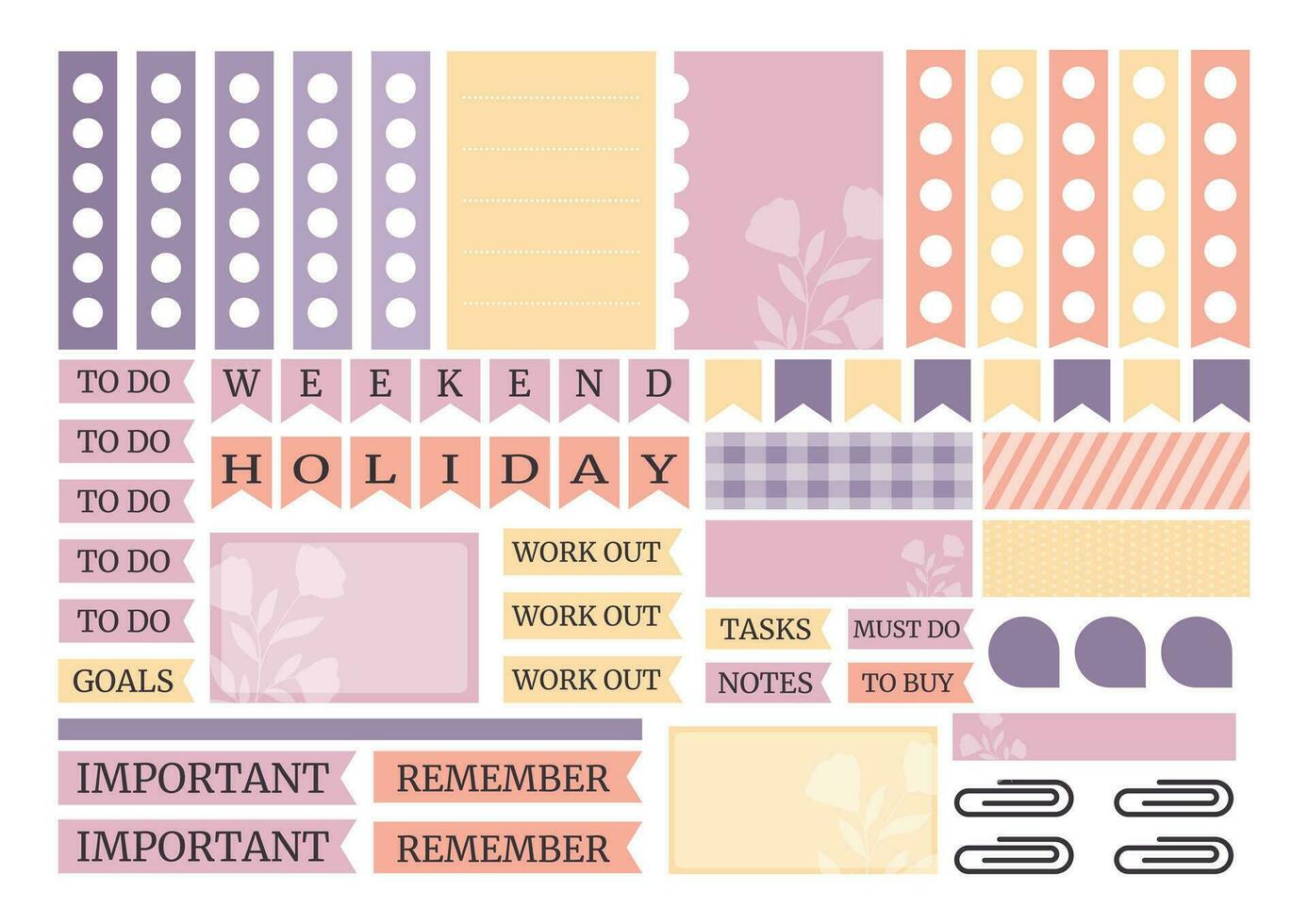 Soft colorful weekly planner stickers set for agenda, notebook, diary. A5 format. vector