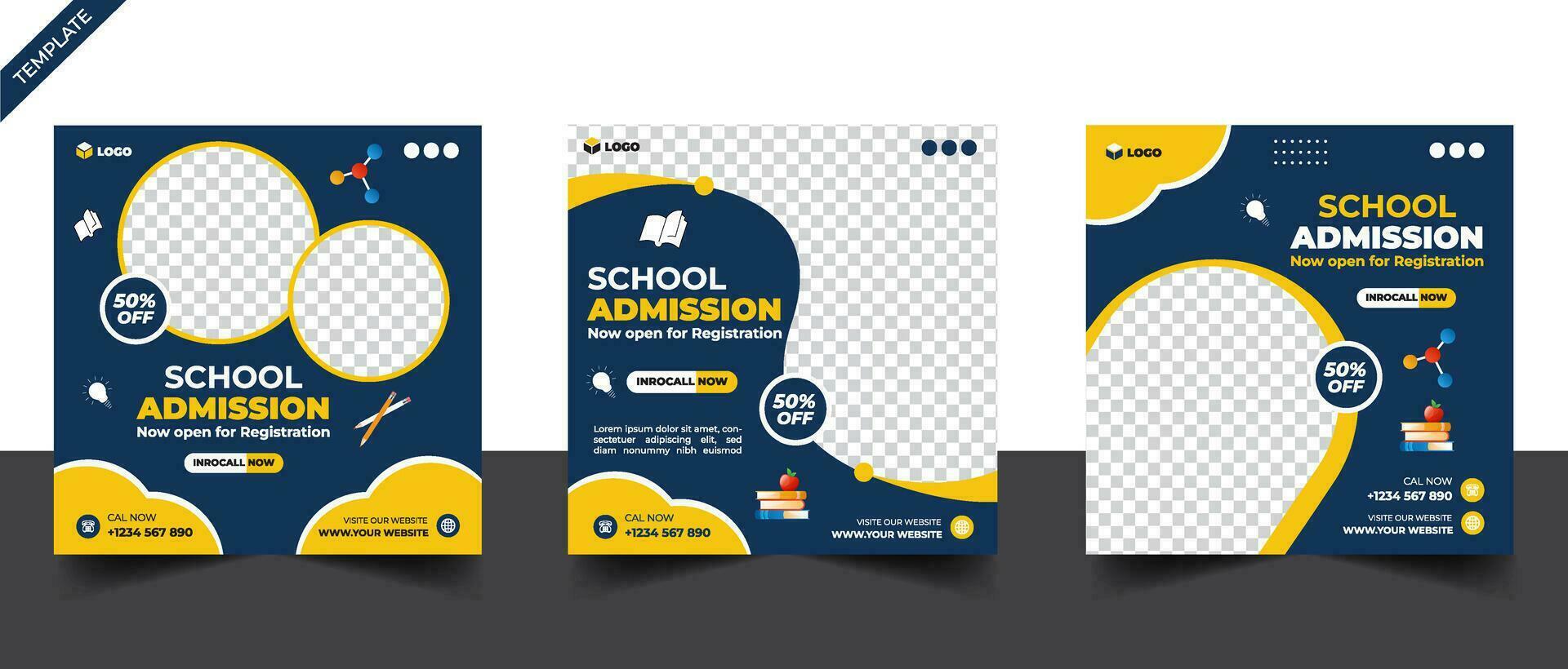School admission social media post banner, educational social media post square flyer back to school web banner design template vector