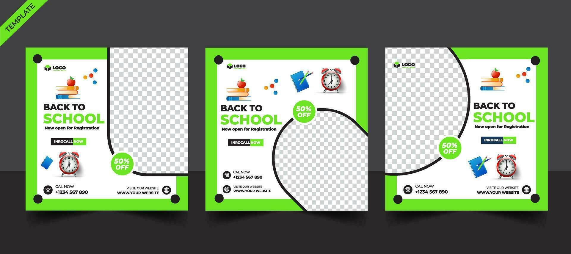 banner de publicación de redes sociales de admisión a la escuela, volante cuadrado de publicación de redes sociales educativas plantilla de diseño de banner web de regreso a la escuela vector