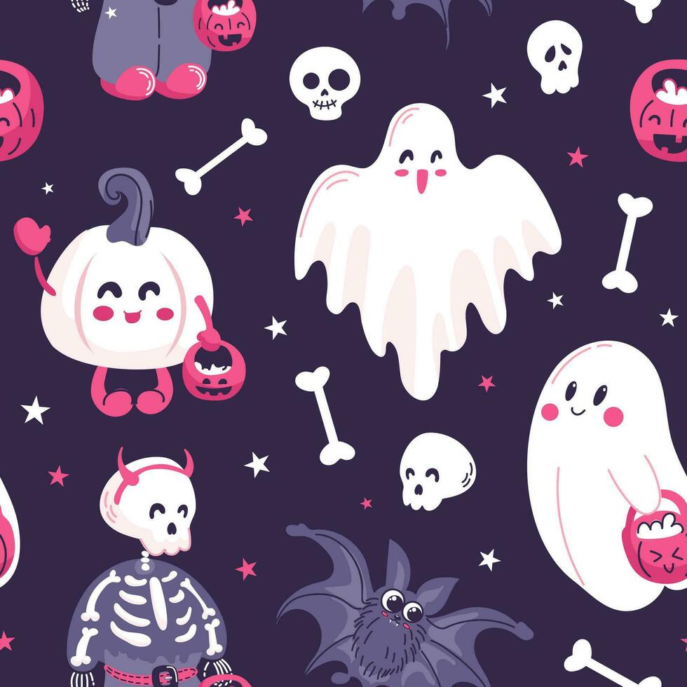 Halloween seamless pattern. Cute cartoon characters in purple colors. Baby skeleton, pumpkin, ghosts begging for sweets. For wallpaper, printing on fabric, wrapping, background vector
