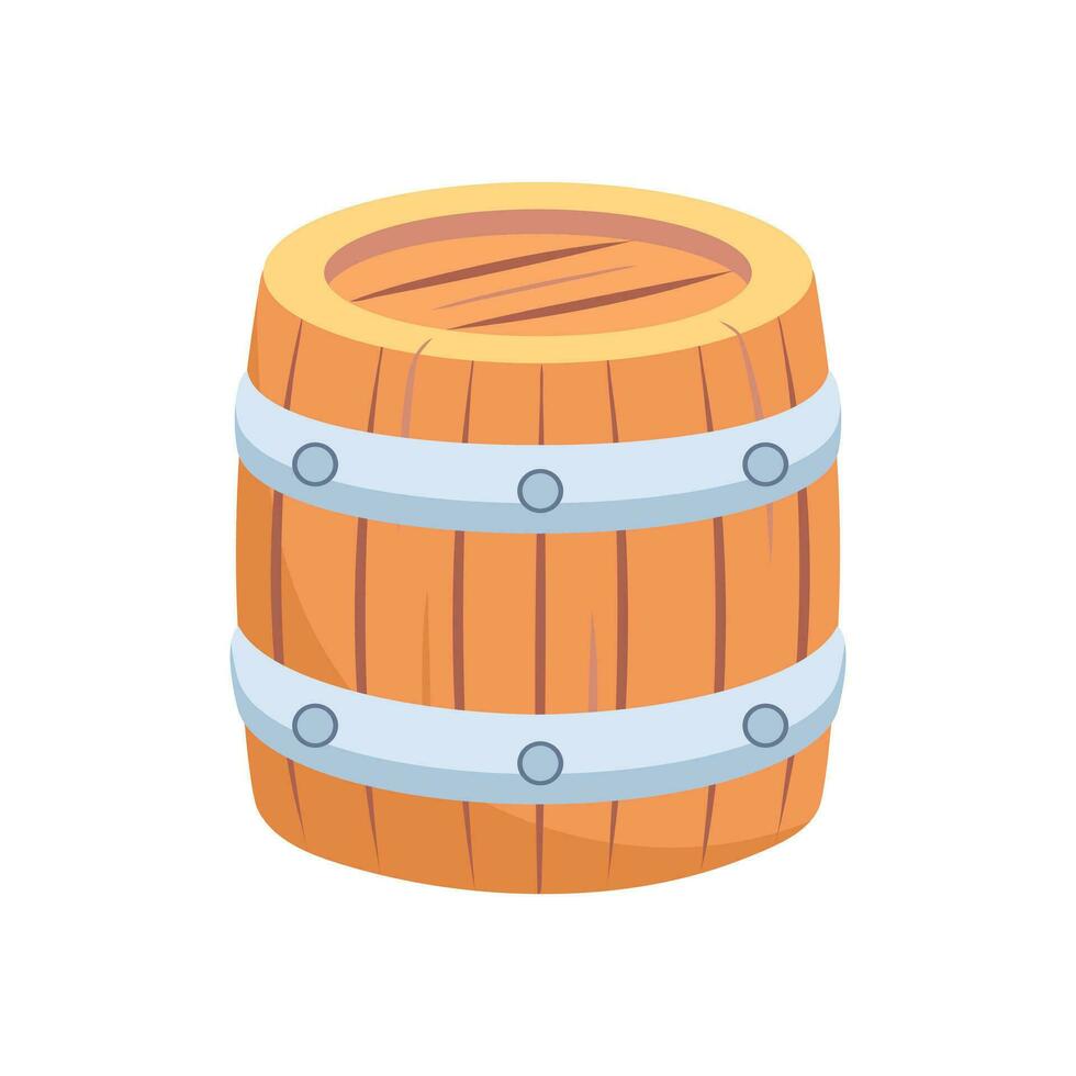 An old cracked barrel with hoops. Vector illustration in cartoon style. Pirate adventures. Treasure, rum. For stickers, posters, cards, game design elements.