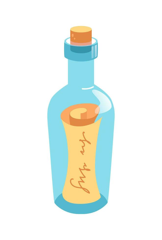 Vintage bottle with a message. Illustration in cartoon style. Pirate adventures. Treasure map. Shipwreck victims. For stickers, posters, cards, game design elements vector