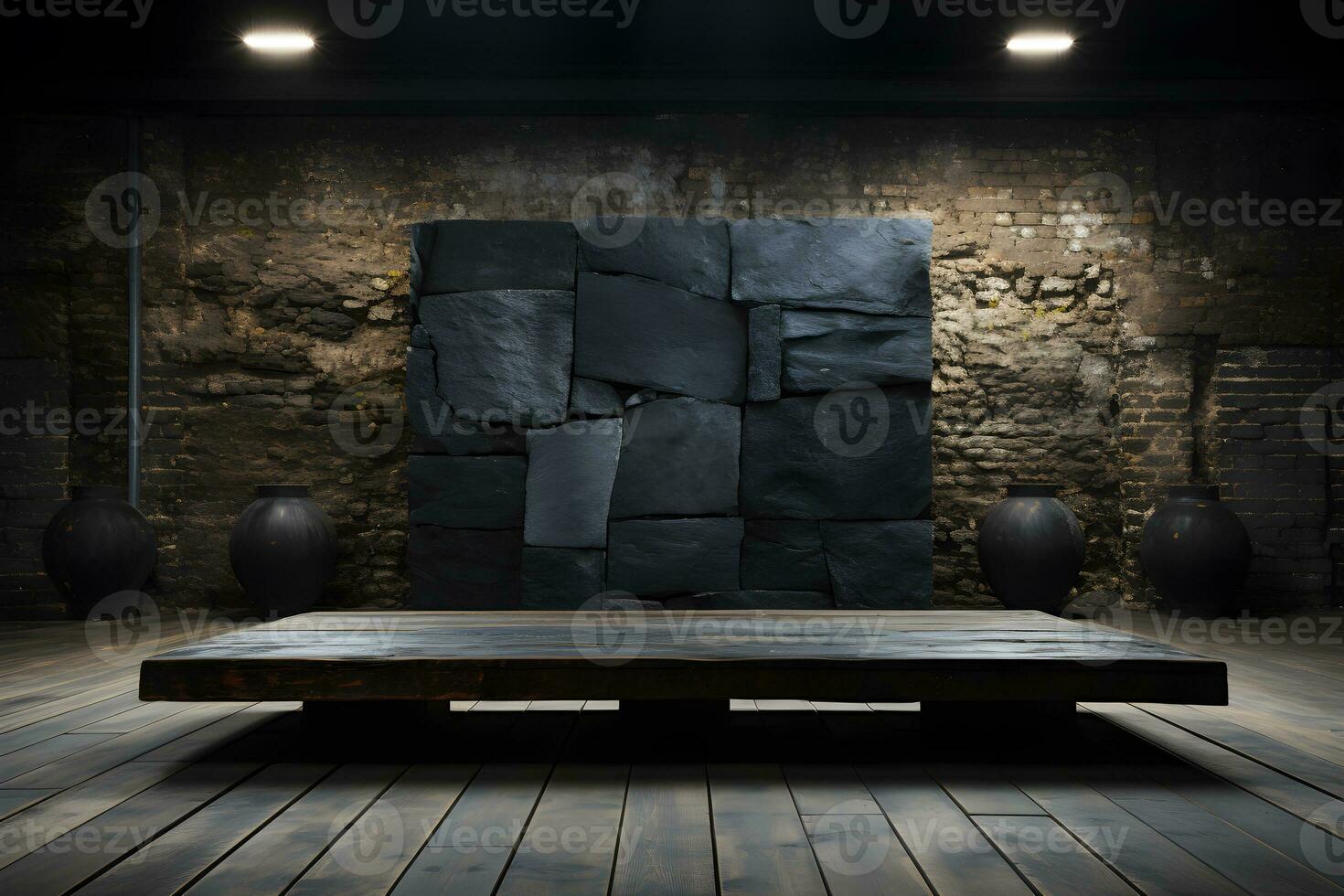 Stone and rock shape 3d render illustration. Round podium, pedestal for brand product exhibition. Solid dark black color AI Generative Illustration.. photo