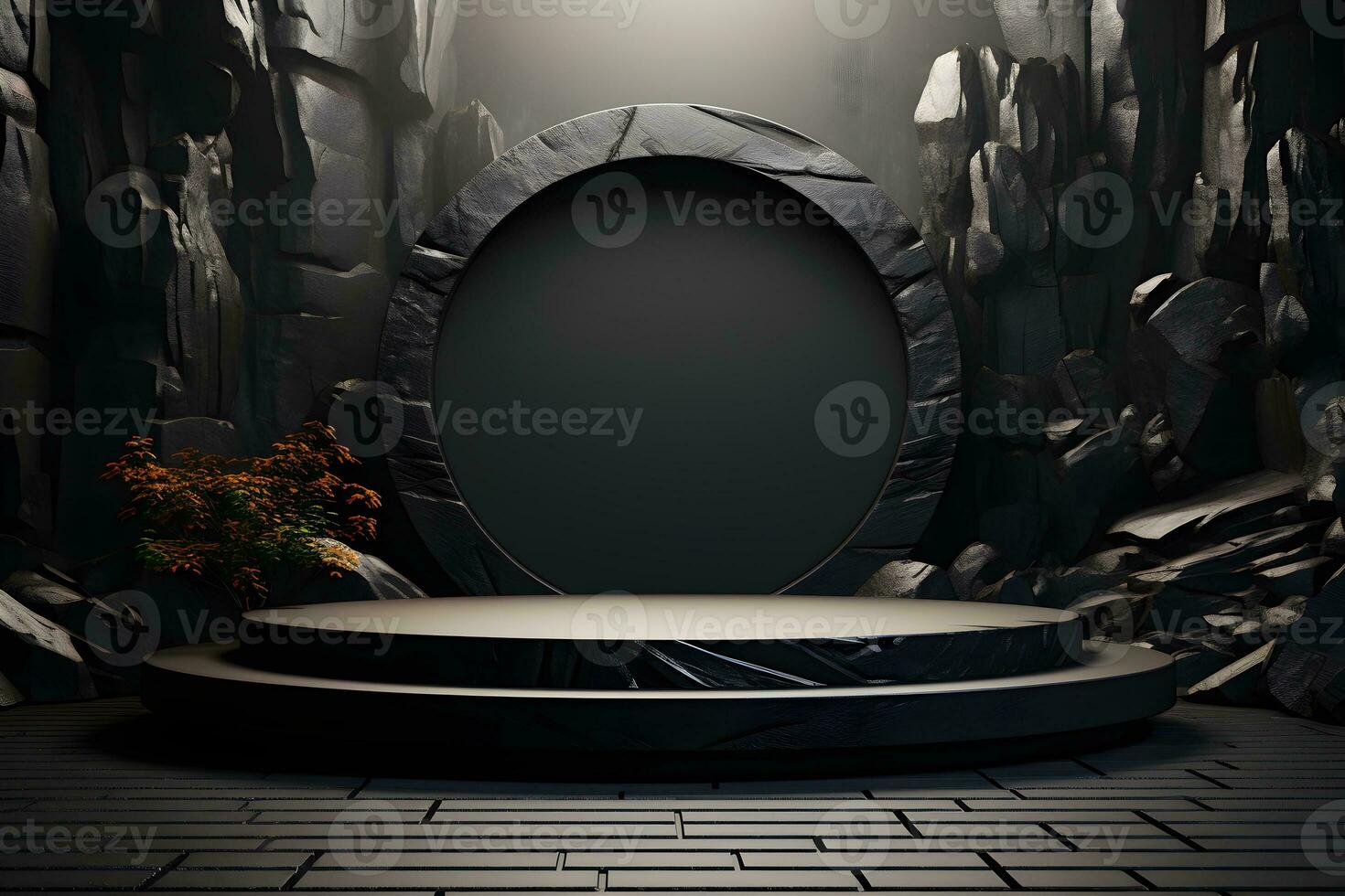 Futuristic dark room with stone floor, 3d render. AI Generative Illustration. Podium for product shoot. photo
