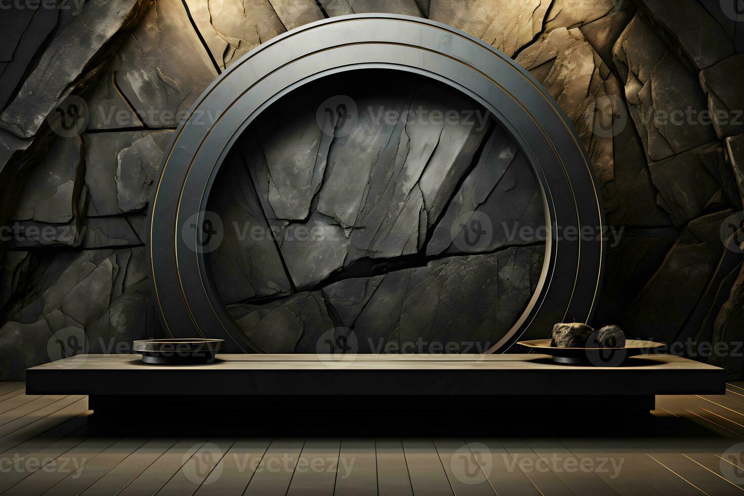 3D Podium of Black Palm, Stone, and Rock with Neon Lighting on Total Black Palette and Circular Copy Space Background. Generative AI photo