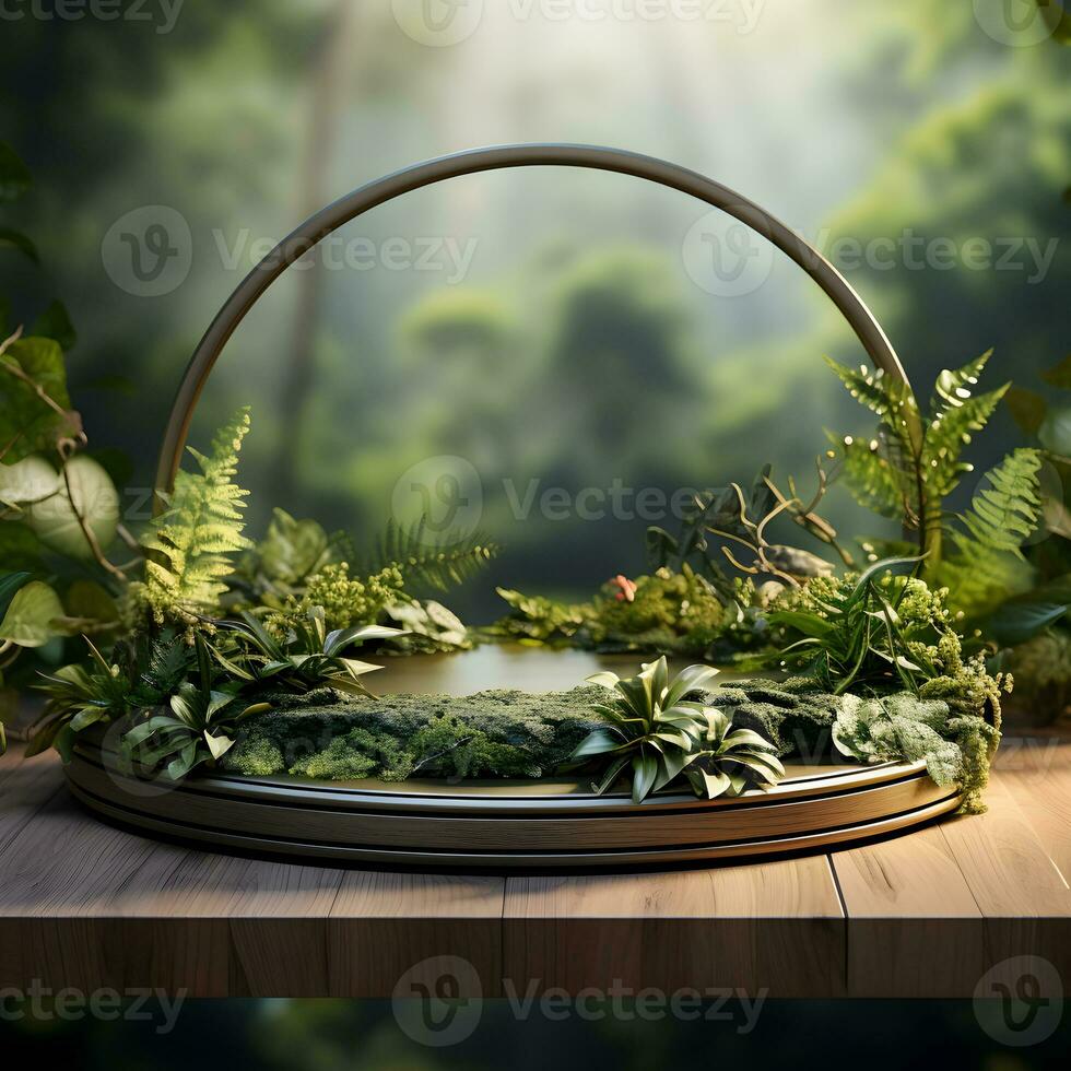3d render of black and gold pedestal podium on background with neon stage light abstract minimal concept decorate with plant, blank space luxury minimal clean design AI Generative photo
