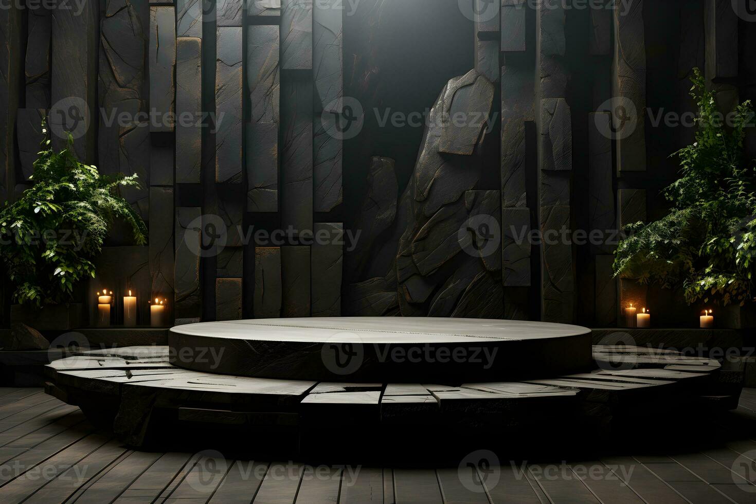 Futuristic dark room with stone floor, 3d render. AI Generative Illustration. Podium for product shoot. photo
