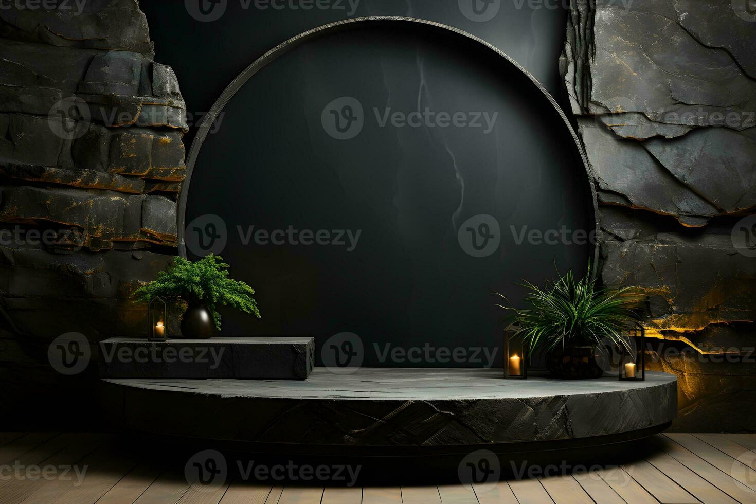 Futuristic dark room with stone floor, 3d render. AI Generative Illustration. Podium for product shoot. photo