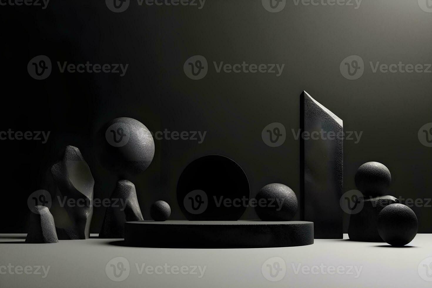 Stone and rock shape 3d render illustration. Round podium, pedestal for brand product exhibition. Solid dark black color. AI Generative Illustration photo