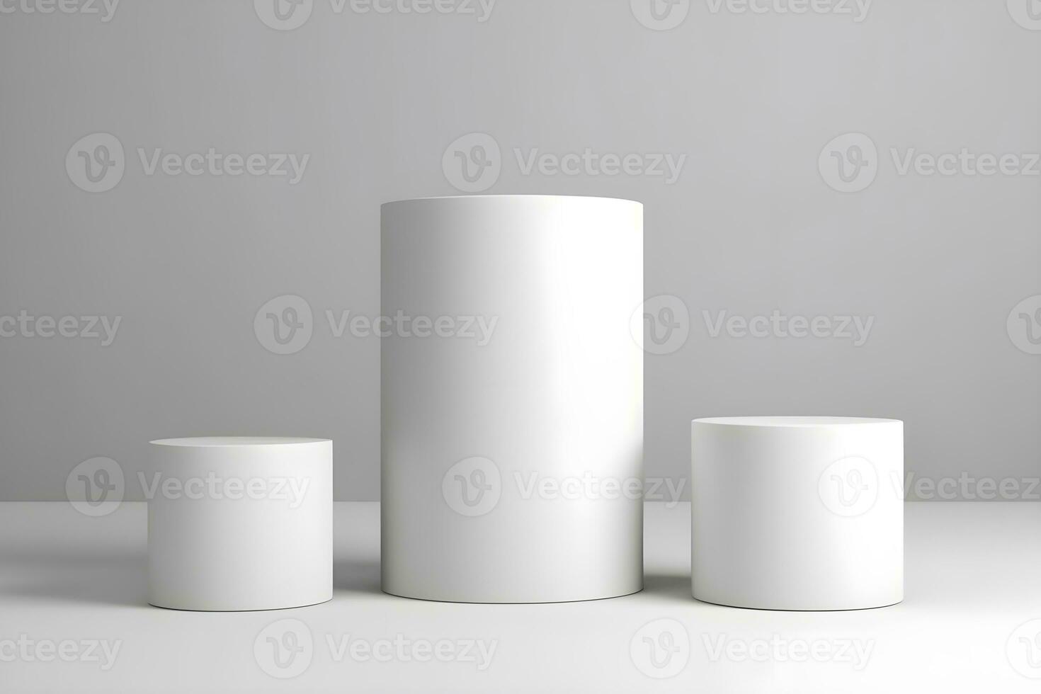 3d render of white round podium on the wooden floor in the modern room. AI Generative Illustration. Podium for product shoot. Marble , plant, Minimal Display for product. photo