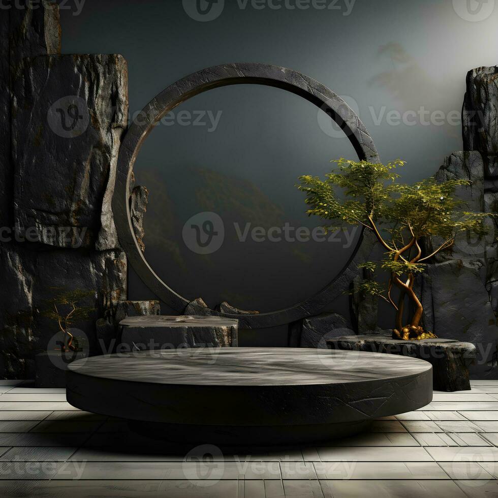 3D Podium of Black Palm, Stone, and Rock with Neon Lighting on Total Black Palette and Circular Copy Space Background. Generative AI photo