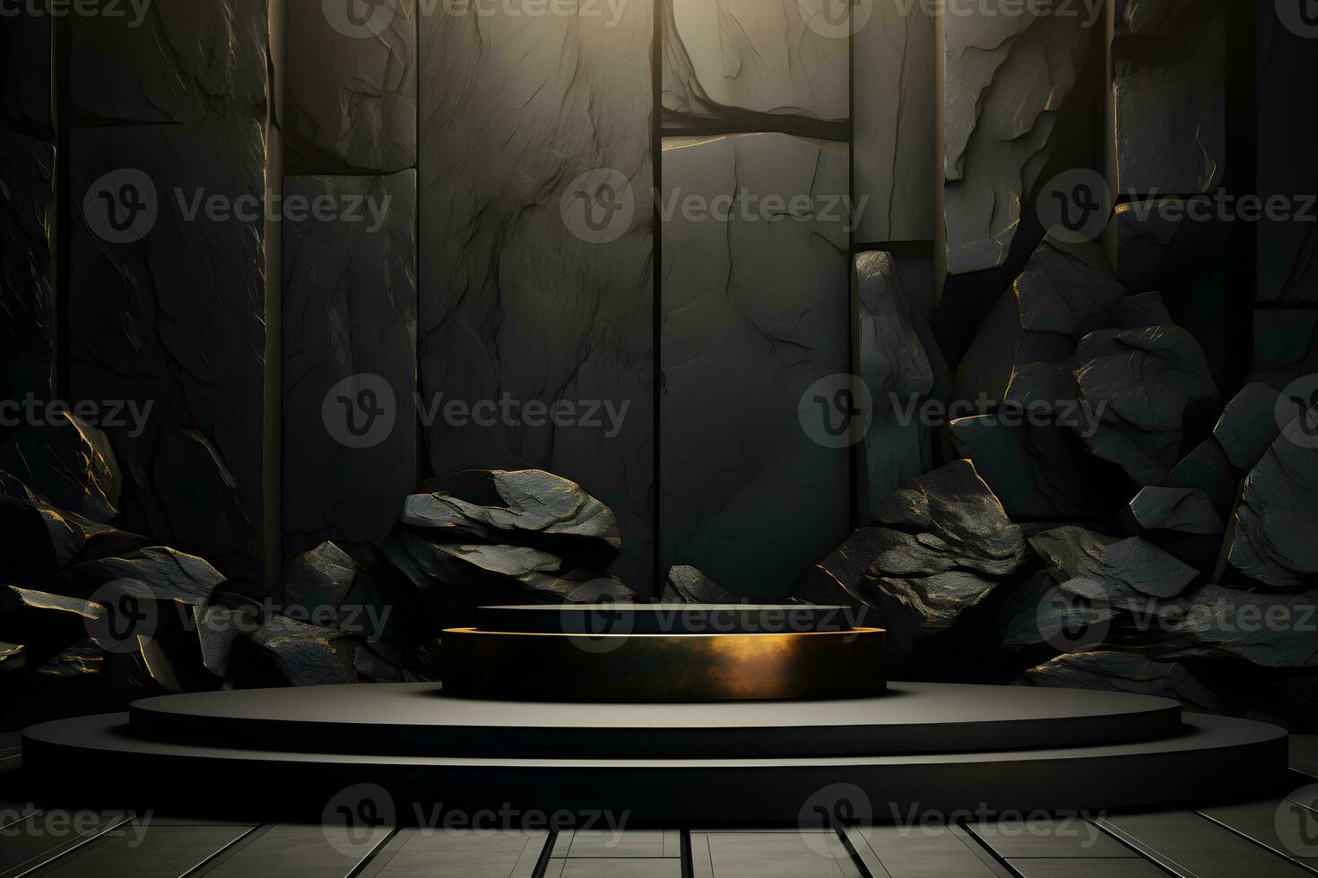 Stone and rock shape 3d render illustration. Round podium, pedestal for brand product exhibition. Solid dark black color AI Generative Illustration.. photo