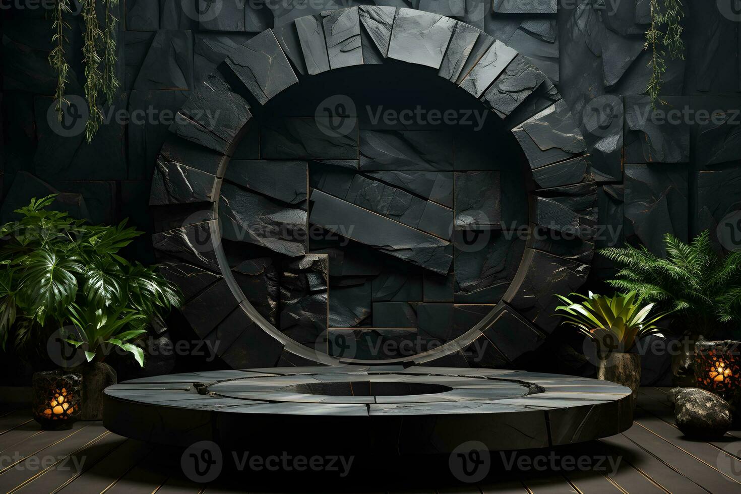 Stone and rock shape 3d render illustration. Round podium, pedestal for brand product exhibition. Solid dark black color AI Generative Illustration. photo