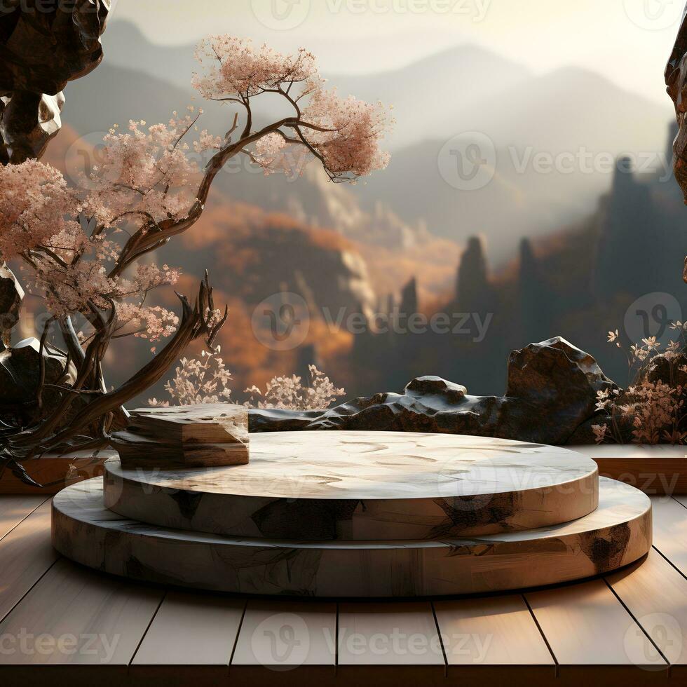 3d render, abstract minimal scene with round podium and mountains in the background AI Generative Illustration. Podium for product shoot. photo