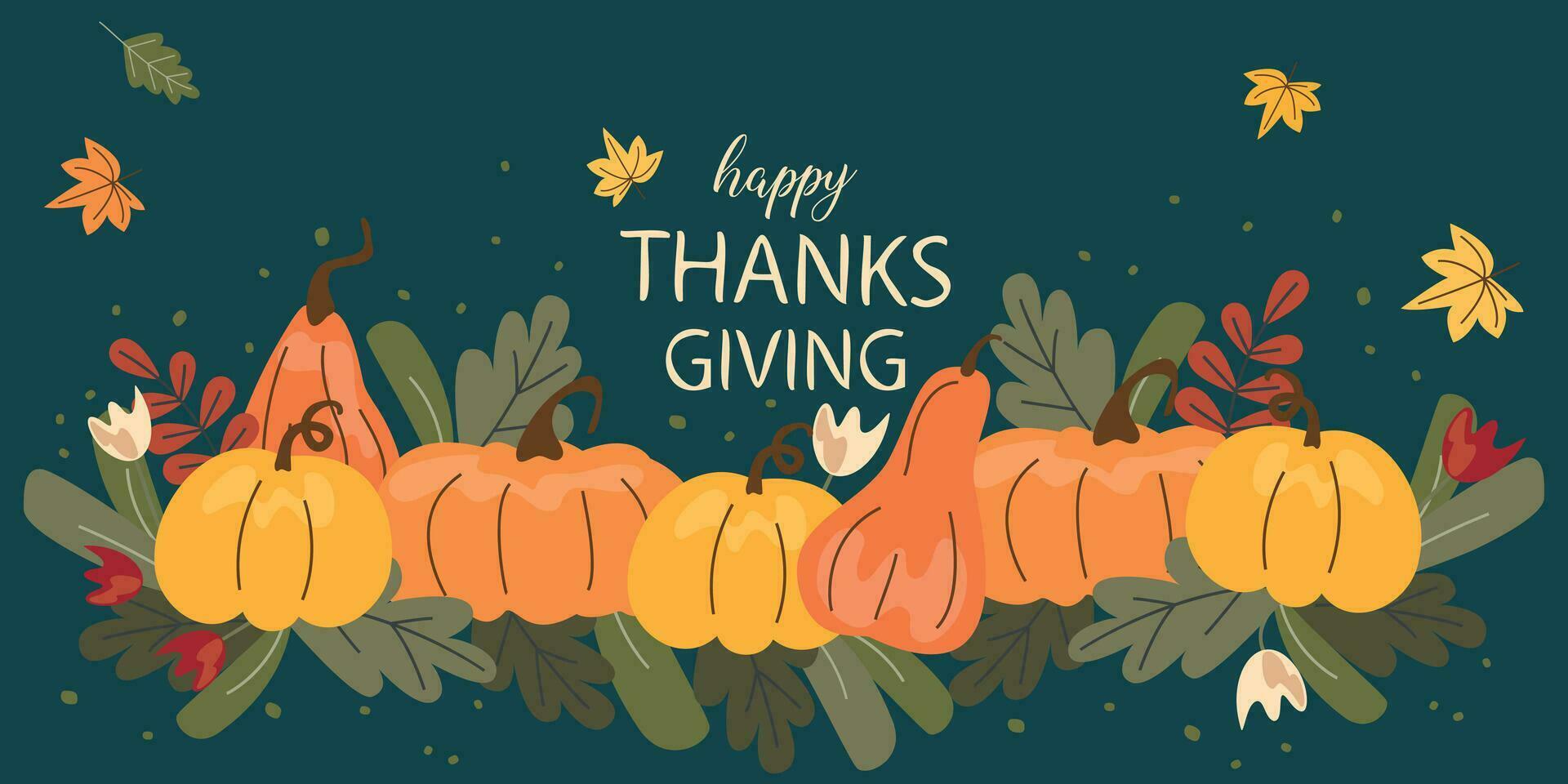 Thanksgiving Day background. Flat illustration pumpkins on dark background vector