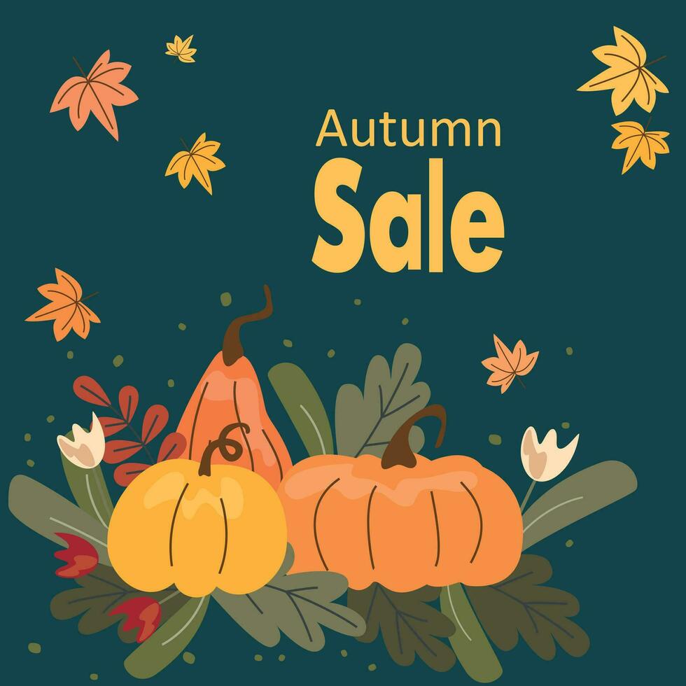 Flat autumn sale background. Hand drawing vector