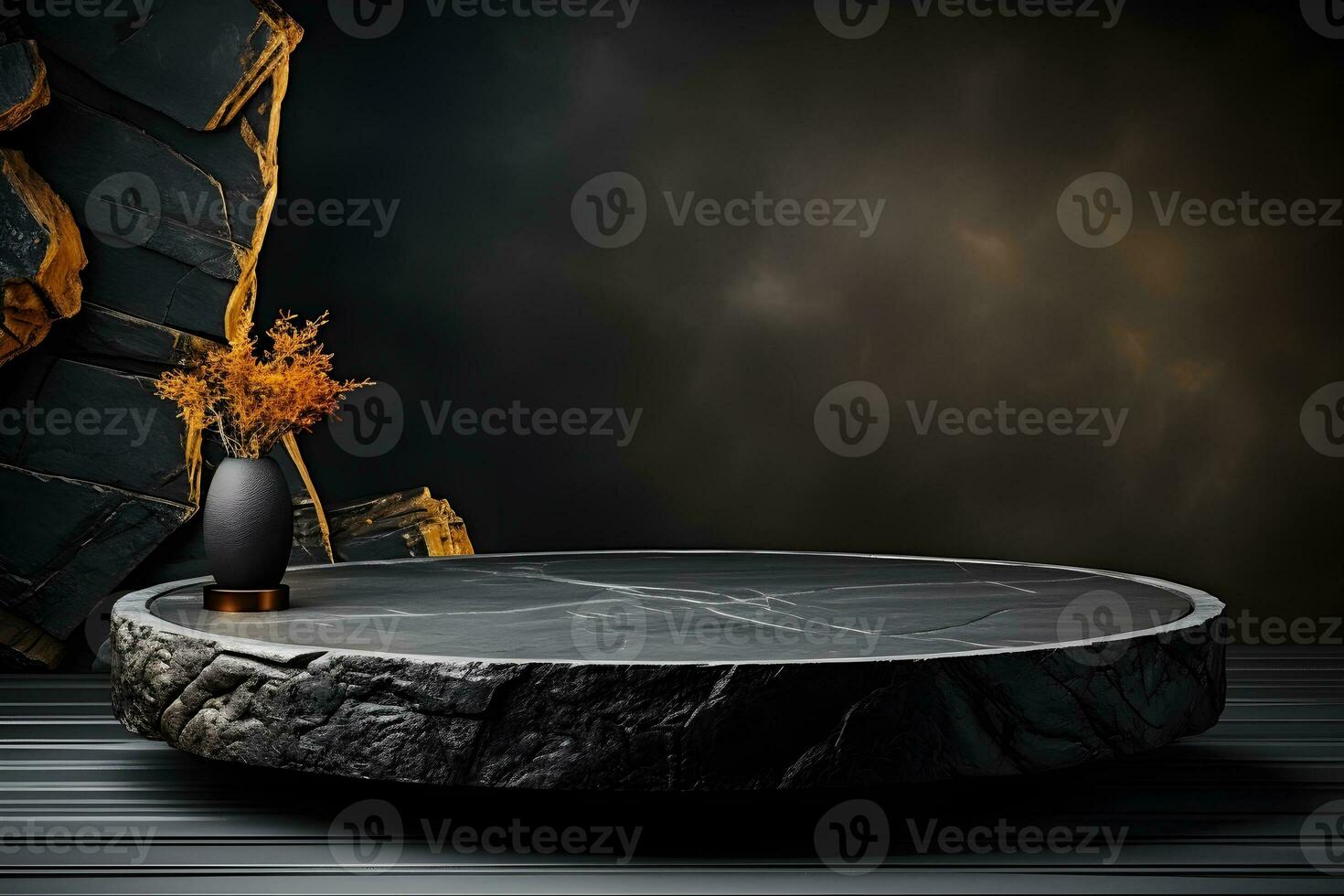 Futuristic dark room with stone floor, 3d render. AI Generative Illustration. Podium for product shoot. photo