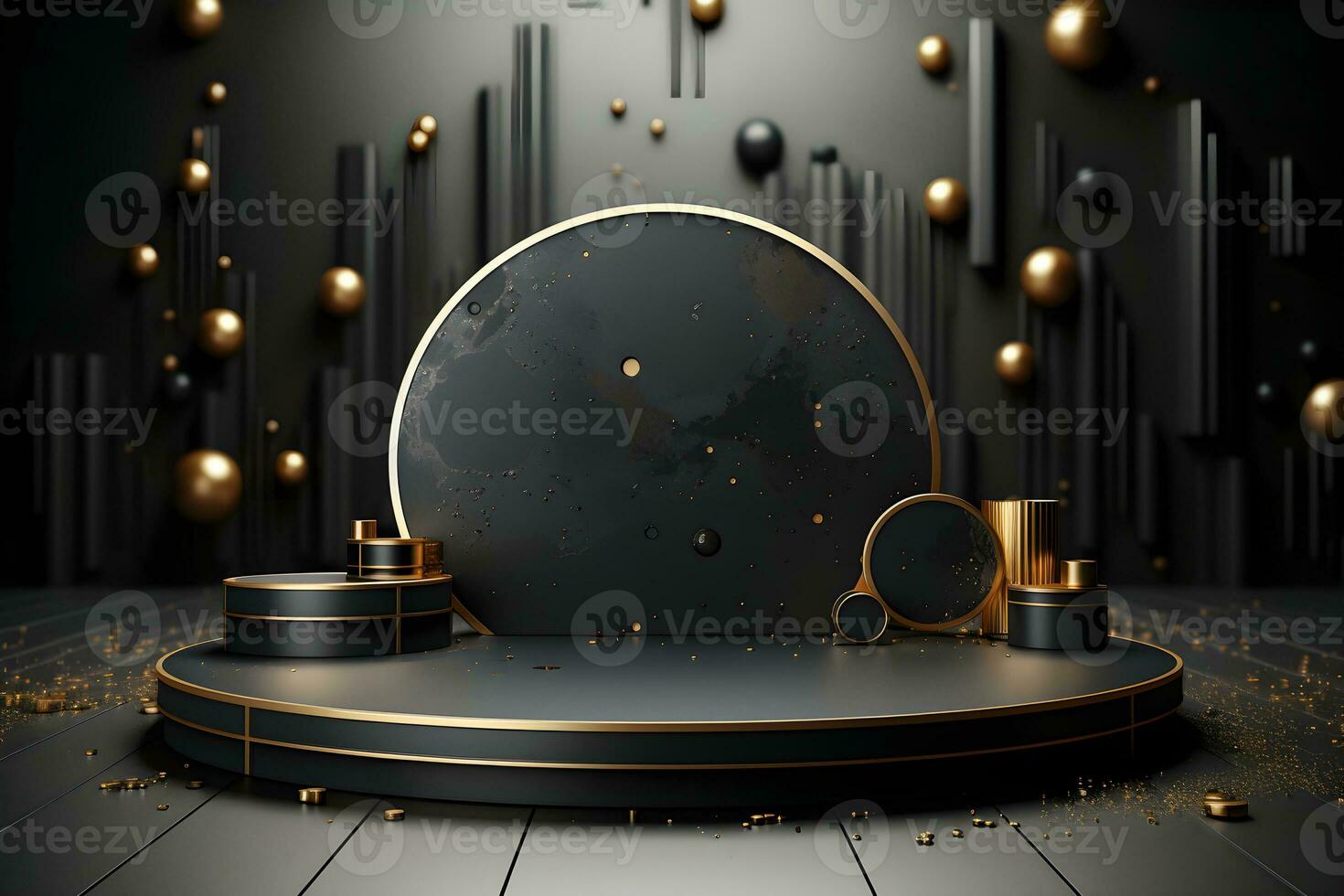 Futuristic dark room with stone floor, 3d render. AI Generative Illustration. Podium for product shoot. photo