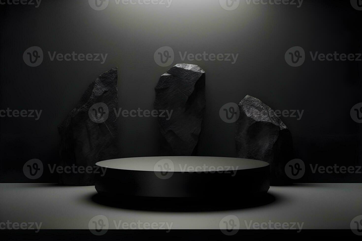 Stone and rock shape 3d render illustration. Round podium, pedestal for brand product exhibition. Solid dark black color AI Generative Illustration. photo