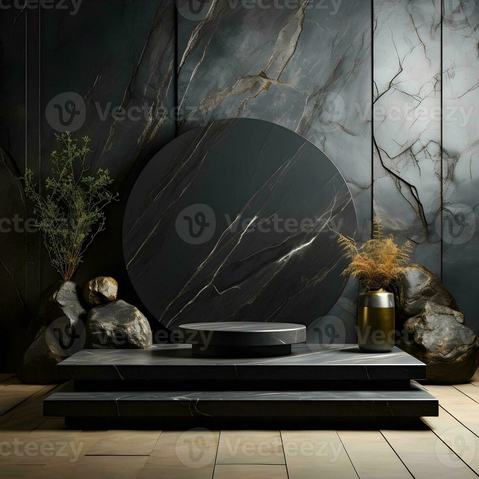 Roca y rock forma 3d hacer ilustración. redondo podio, pedestal para marca producto exhibición. sólido oscuro negro color ai generativo ilustración. foto