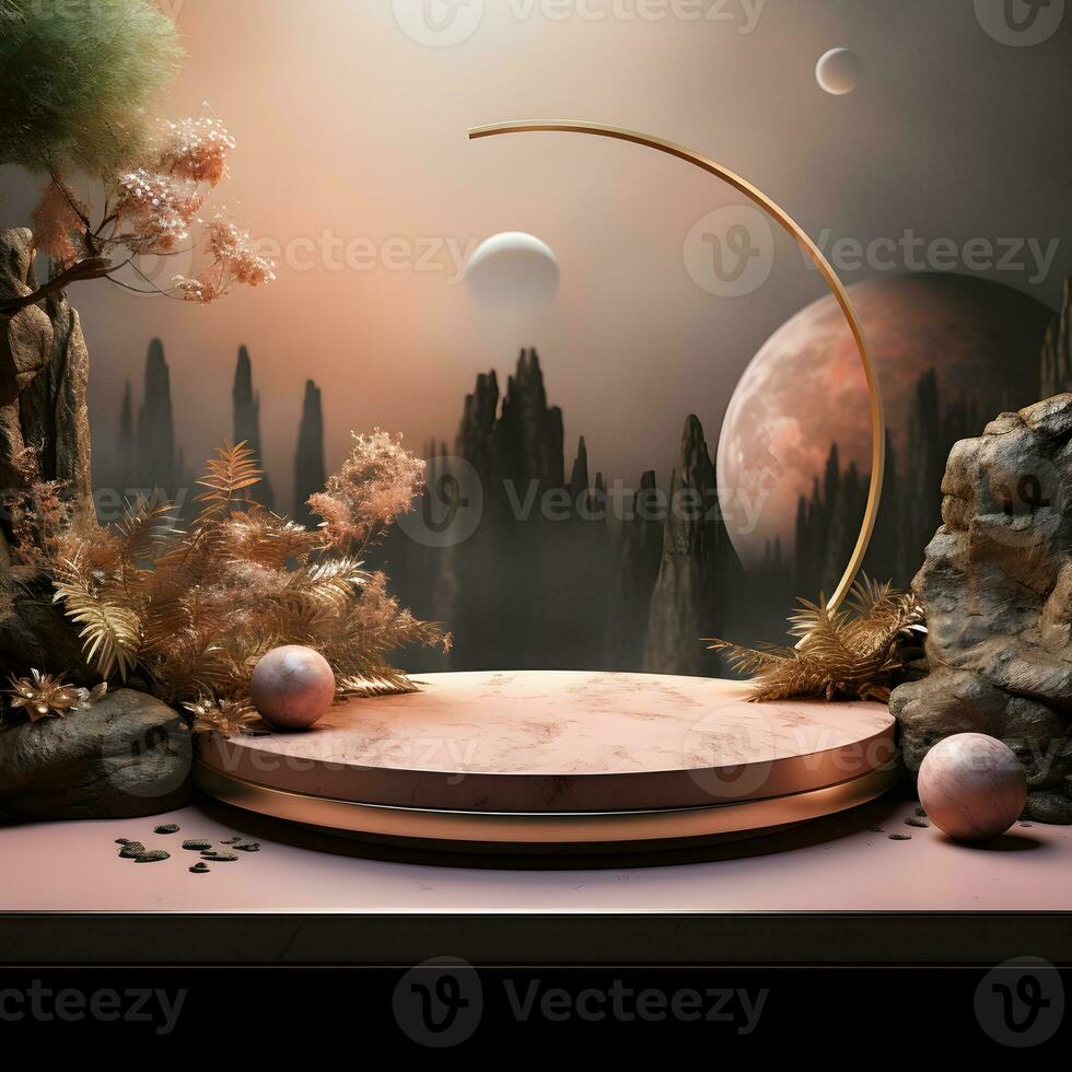3d render, abstract minimal scene with round podium and mountains in the background AI Generative Illustration. Podium for product shoot. photo