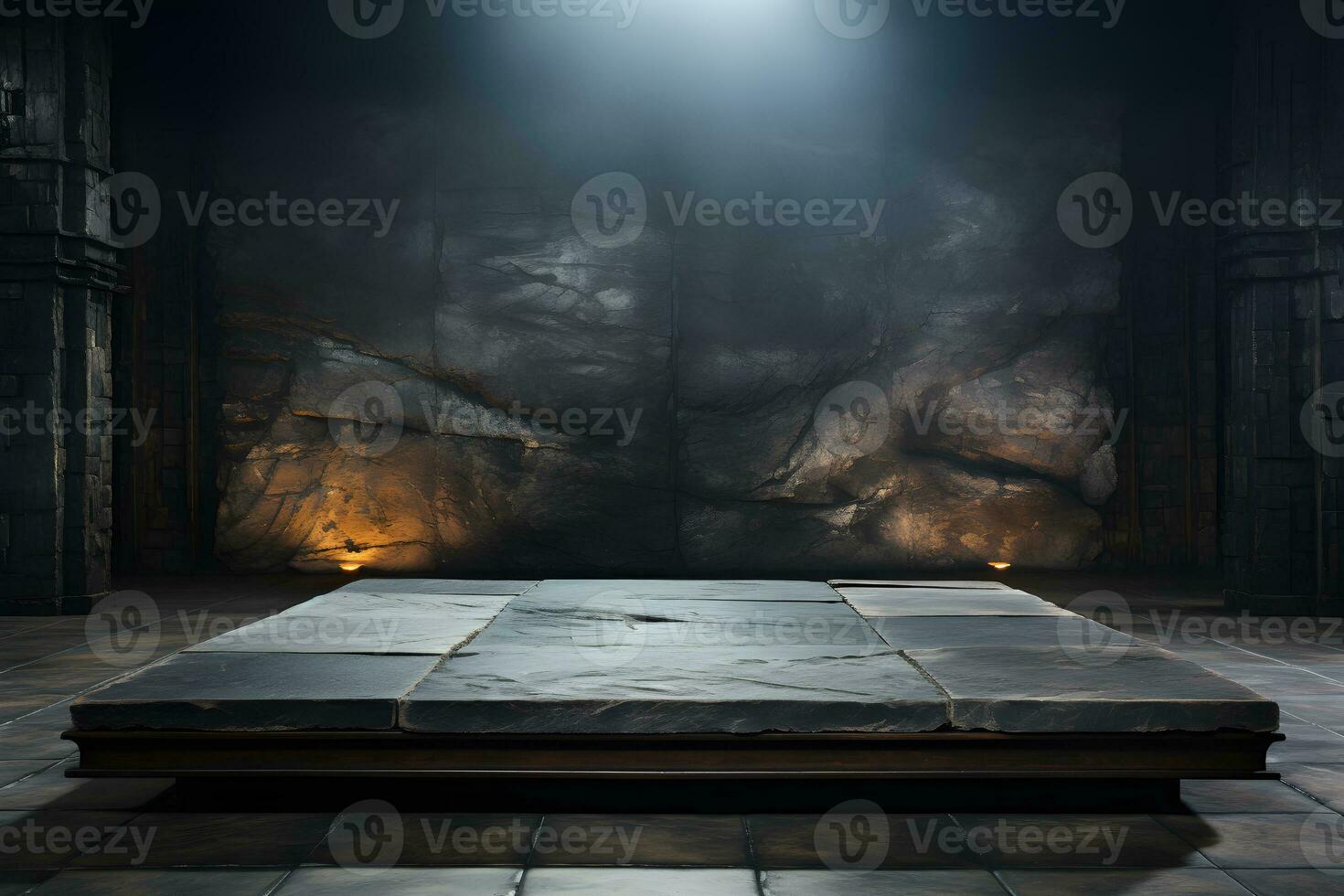 Futuristic dark room with stone floor, 3d render. AI Generative Illustration. Podium for product shoot. photo