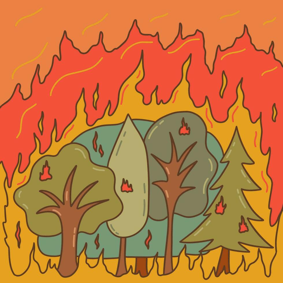 bosque fuego, ardiente árboles, lote de fumar. vector