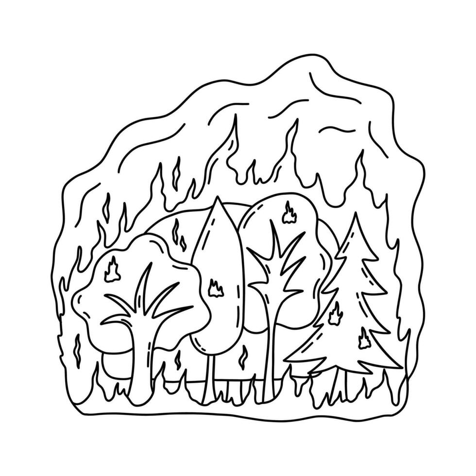 Forest fire, burning trees. Vector hand drawn