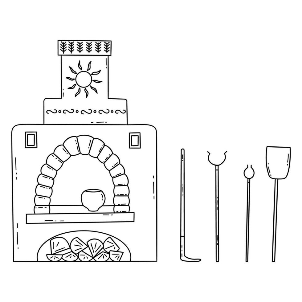 Russian stove with firewood and kitchen utensils. Vector doodle