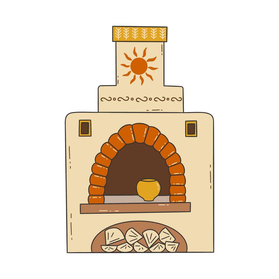 Russian stove with firewood. Vector doodle card