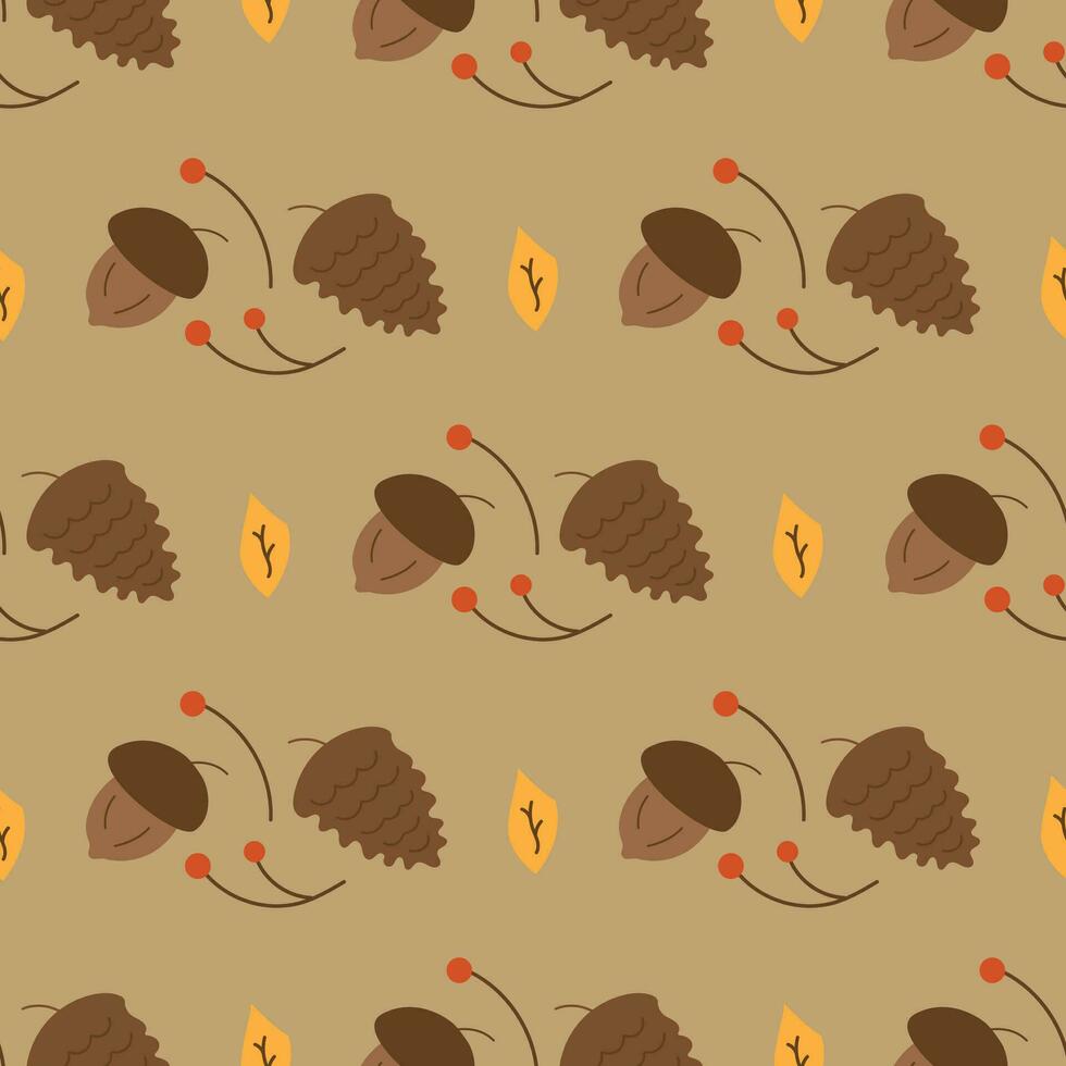 Seamless pattern. Autumn leaves, rowan, acorns, cones vector illustration