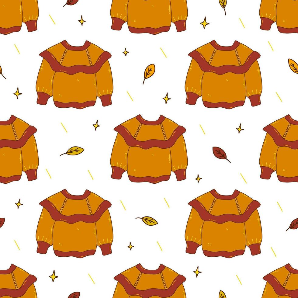 Seamless pattern with knitted sweater and autumn leaves. Vector