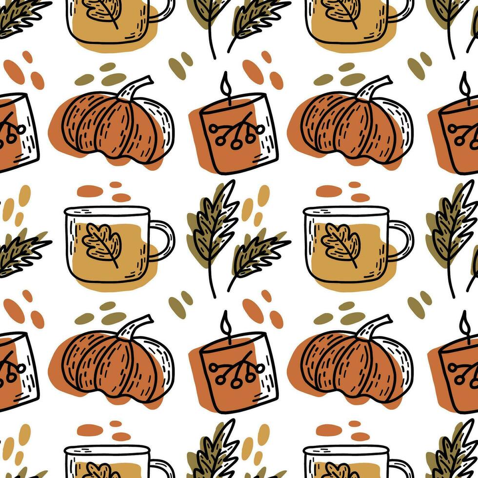 Seamless autumn pattern. Pumpkin, candle, cup. Vector doodle