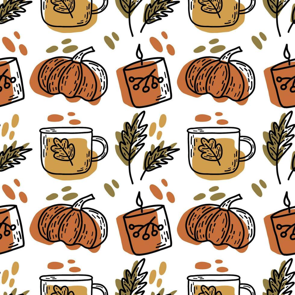 Seamless autumn pattern. Pumpkin, candle, cup. Vector doodle