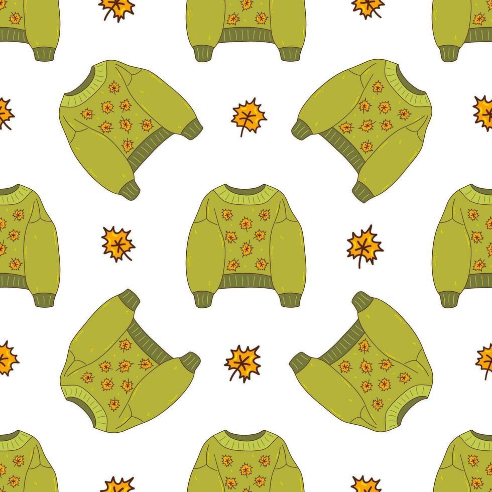 Seamless pattern with green sweater and maple leaves. Vector