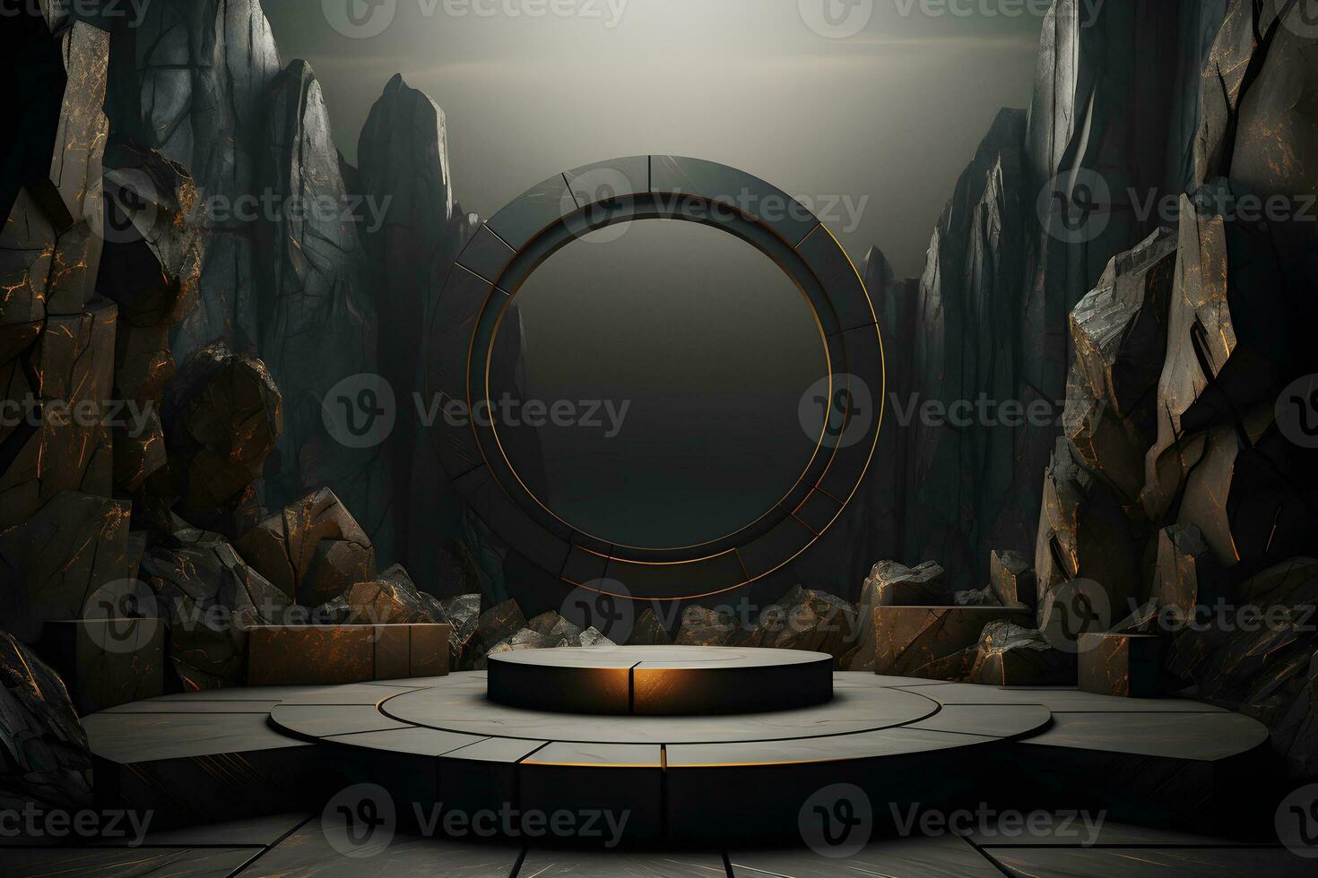 Stone and rock shape 3d render illustration. Round podium, pedestal for brand product exhibition. Solid dark black color AI Generative Illustration. photo